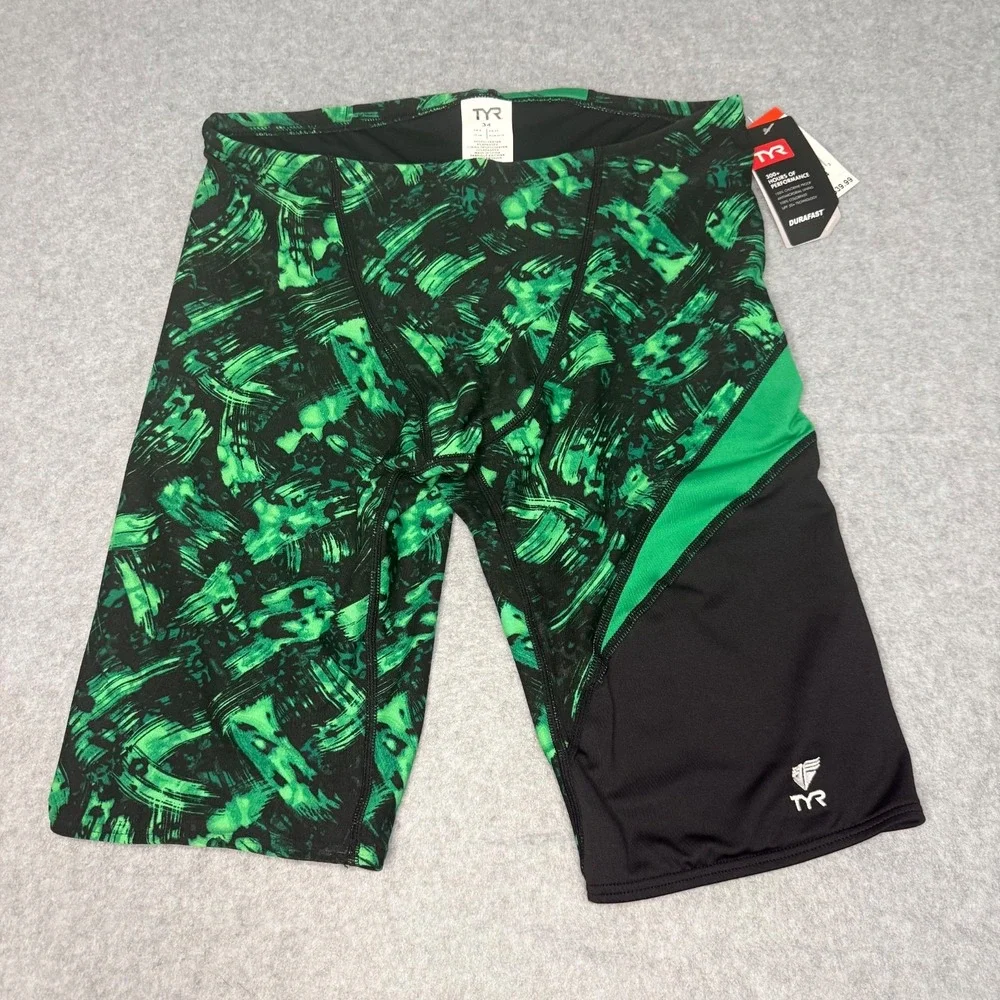 NWT TYR Mens Emulsion Wave Jammer Swim Trunks Suit Green 50+ UPF Size 34